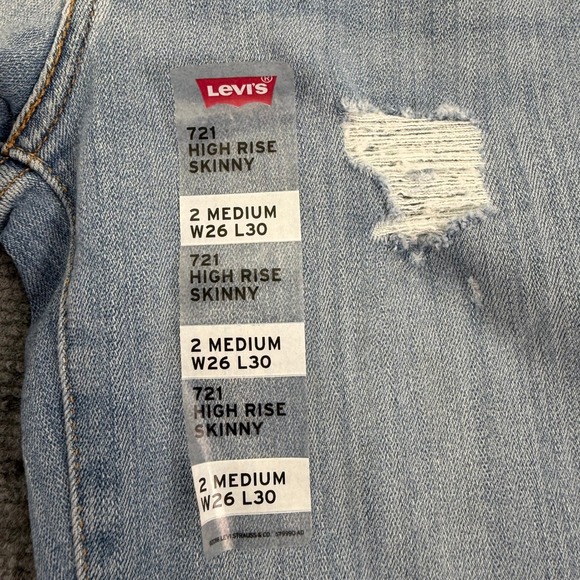 Levis Jeans Womens 2‎ Medium 26x30 (Fit 26x27) 721 High Rise Skinny Distressed - Picture 7 of 16